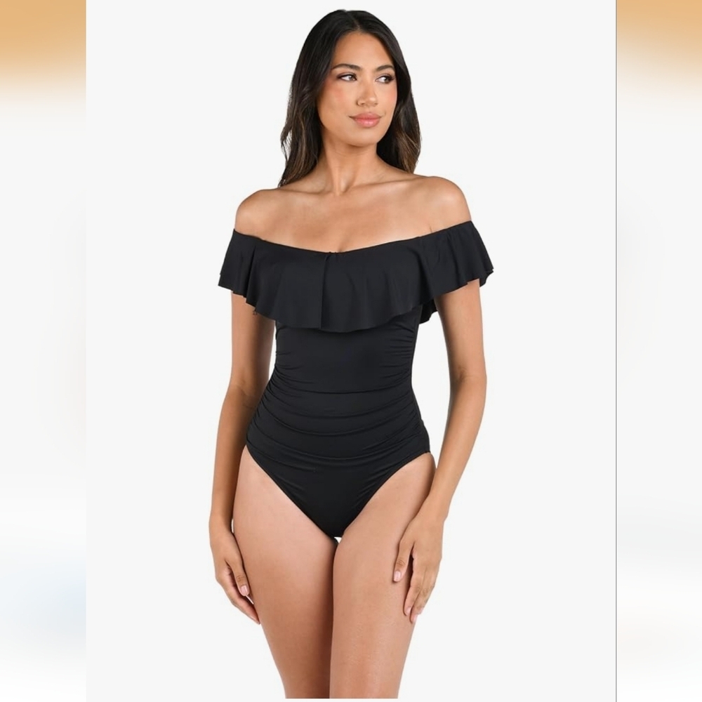 La Blanca Island Goddess Black Swimsuit Ruffle Off Shoulder NWT 16